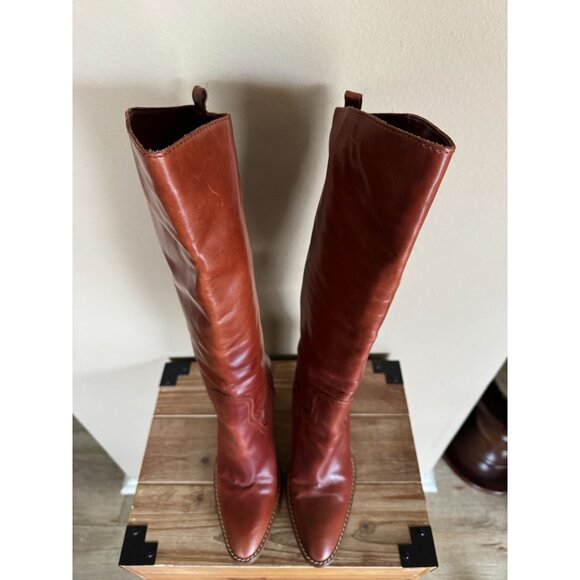 ZARA Brown Genuine Leather Pointy Toe Western Stitch Knee High Boots Size 9 - Picture 4 of 14